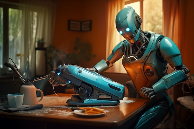 Free photo anthropomorphic robot performing regular human job in the future