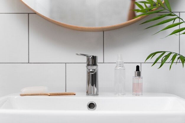 Anti dandruff products by the bathroom sink