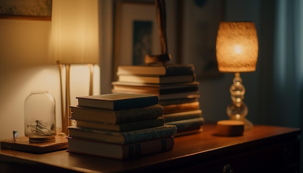 Antique bookshelf illuminates old fashioned literature collection indoors generated by AI