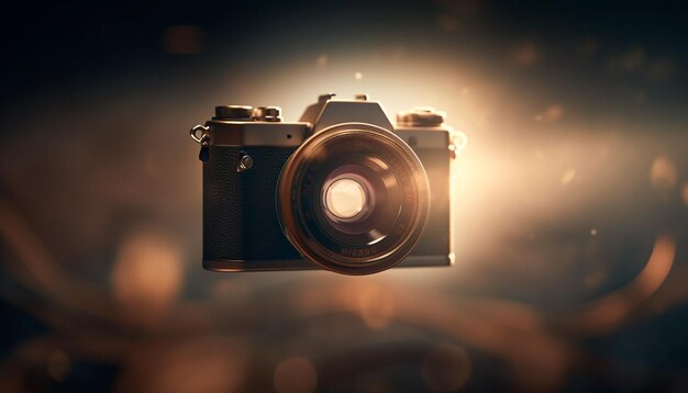 Antique camera captures shiny chrome SLR lens generated by AI