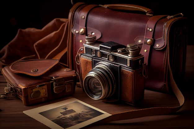 Antique camera and equipment on leather suitcase generative AI