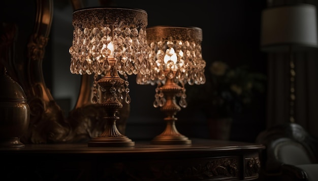 Бесплатное фото Старинная люстра освещает элегантный декор гостиной, созданный искусственным интеллектом