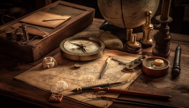 Free photo antique compass map and quill pen treasure generated by ai