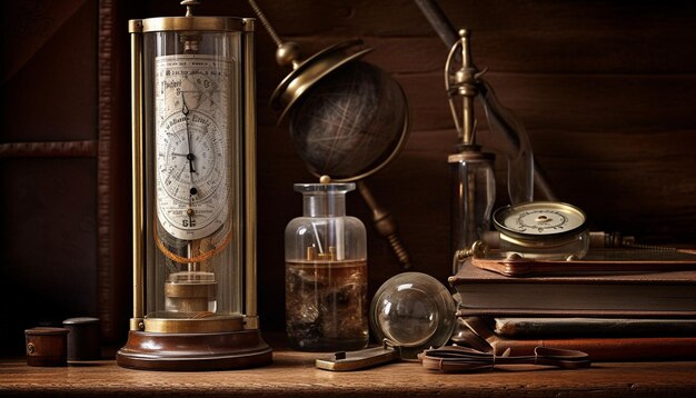 Antique desk holds stack of history books generated by AI