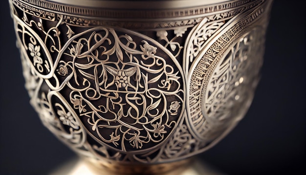 An antique gold colored metal vase with ornate designs generated by AI