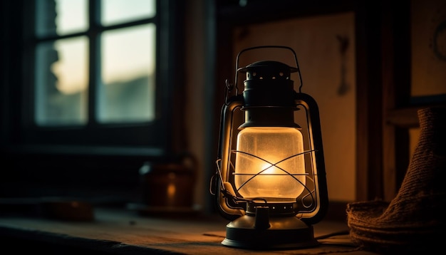 Бесплатное фото Старинный керосиновый фонарь освещает деревенское зимнее пространство, созданное искусственным интеллектом