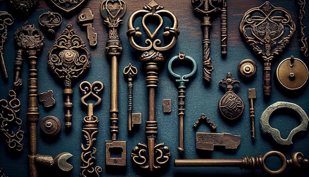 Antique key on ornate background elegant metal decoration generative AI