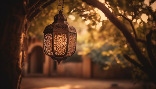 Antique lantern glowing in an Arabic tree generated by AI