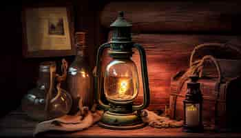 Free photo antique lantern illuminates rustic table of literature generated by ai