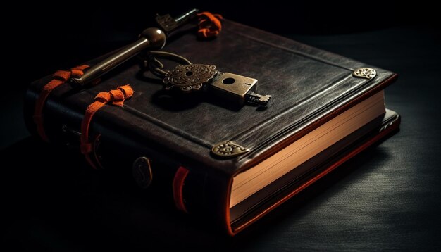 Antique leather Bible on dark wooden table generated by AI