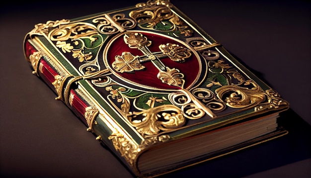 Старинная кожаная книга с богато украшенной позолотой, созданная искусственным интеллектом