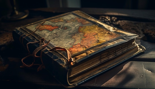 Antique leather bound book sits atop rustic table generated by AI