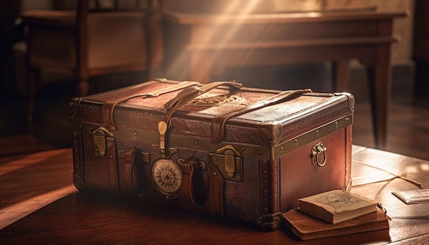 Antique leather trunk holds centuries old adventure stories generated by AI