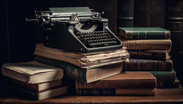 Antique literature stack on old fashioned bookshelf generated by AI