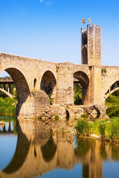 antique medieval bridge with town gate