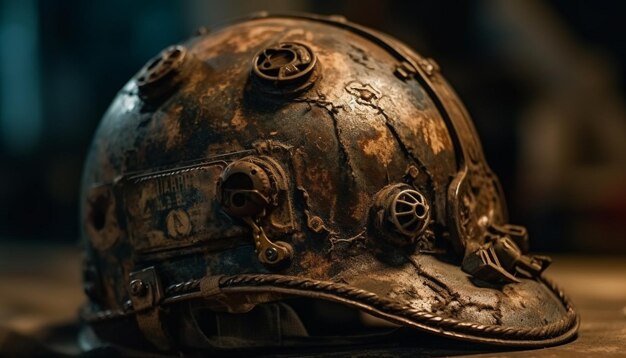 Antique metal helmet damaged close up portrait generated by AI