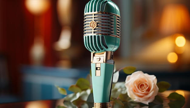 Antique microphone on metallic table broadcasting elegance in old fashioned style generated by artificial intelligence