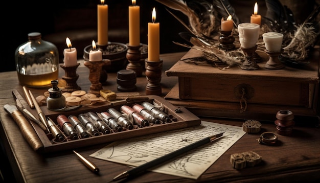 Free photo antique quill burns as literature weapon on desk generated by ai