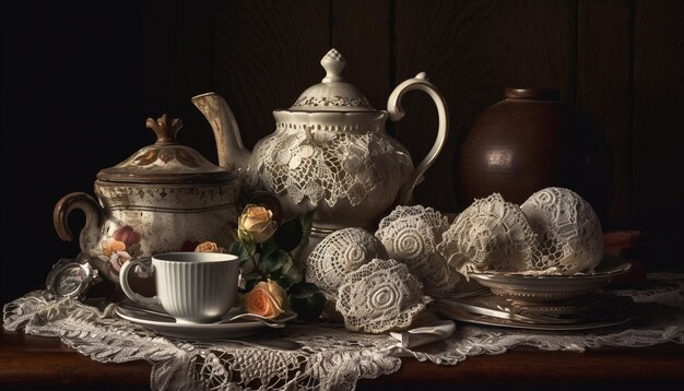 Antique teapot and cups a nostalgic still life generated by AI