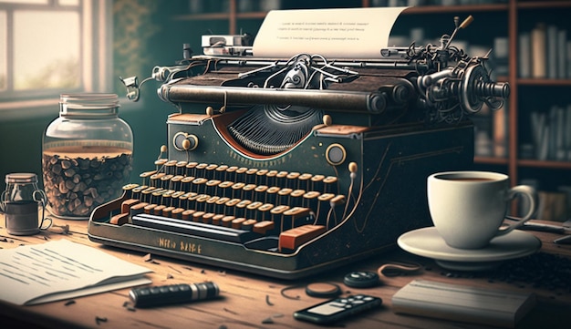 Antique typewriter on old desk with coffee cup generative AI