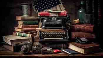 Free photo antique typewriter old literature nostalgic bookshelf still life generated by ai