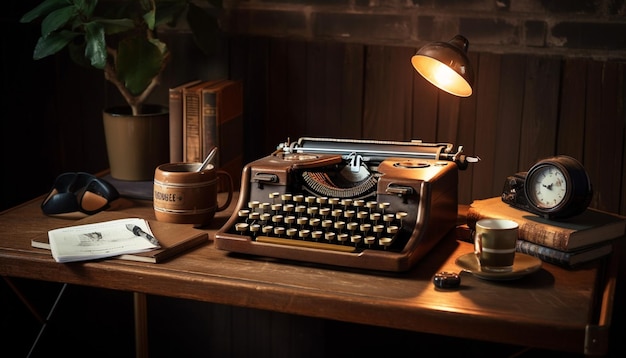 Foto gratuita macchina da scrivere antica su scrivania in legno rustico all'interno generata da ai