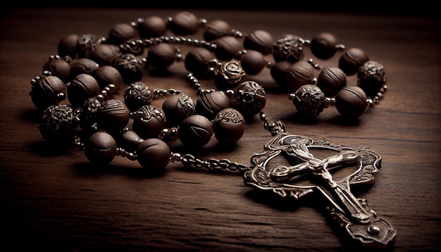 Antique wood rosary beads on metal chain generated by AI