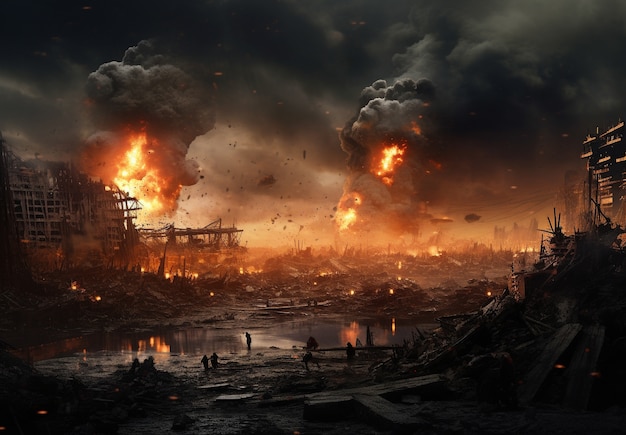 Apocalyptic destruction of war zone landscape