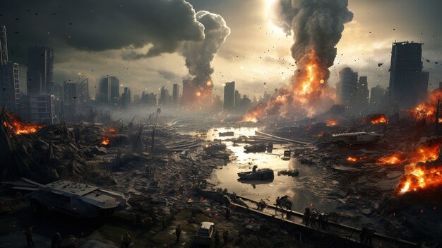 Apocalyptic destruction of war zone landscape