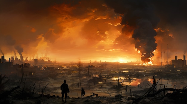 Apocalyptic war zone landscape with destruction