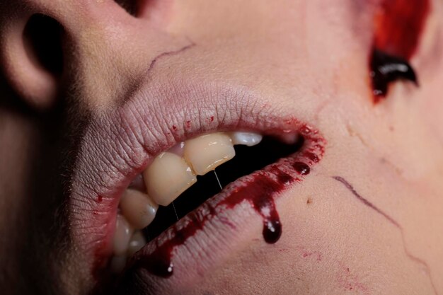 Апокалиптический зомби с окровавленными губами и зубами, показывающий на камеру раненый рот с кровью. Страшный злой монстр, поедающий мозг, имеющий шрамы и раны, грязные жуткие царапины. Закрыть.
