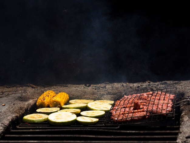 Appetizing grilling fresh vegetables and meat