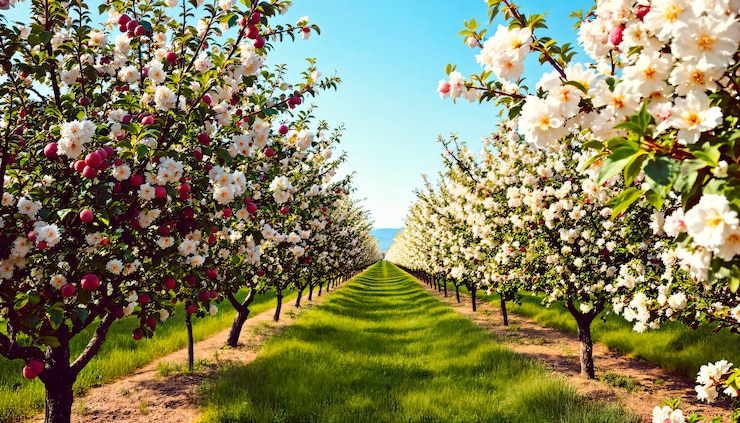 Free Photo apple orchard in blossom
