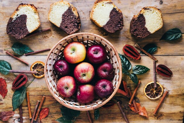 Apples and pieces of bread