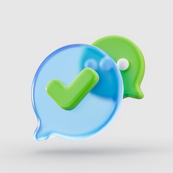Approved checkmark and social media message glass morphism bubble chat icon 3d render concept