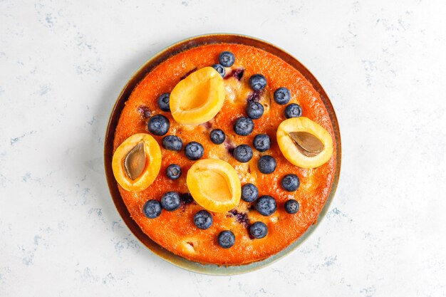 Apricot and blueberry cake with fresh blueberries and apricot fruits