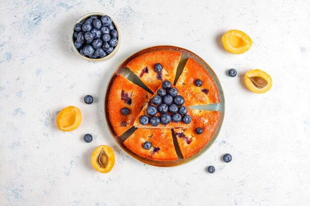 Apricot and blueberry cake with fresh blueberries and apricot fruits.