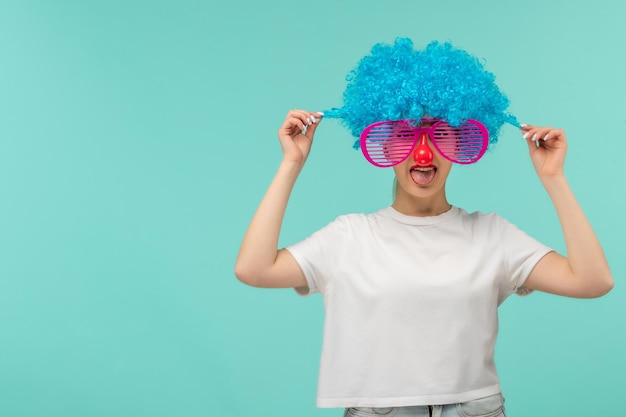 April fools day girl open mouth red nose stripped pink sunglas white tshirt clown funny blue hair