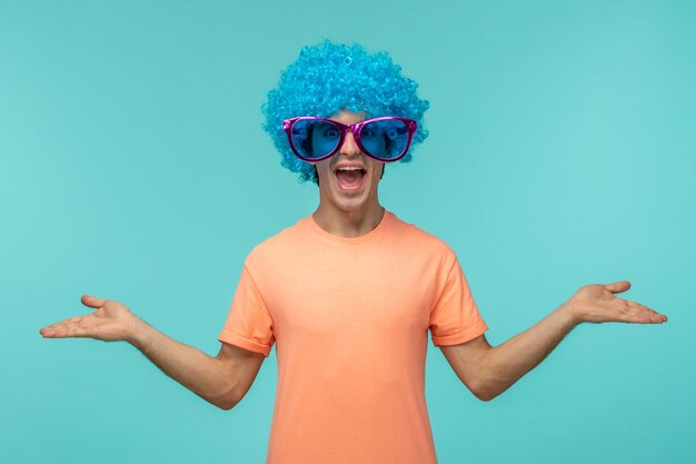 April fools day guy clown happy blue hair pink big sunglasses hands waving surprised funny