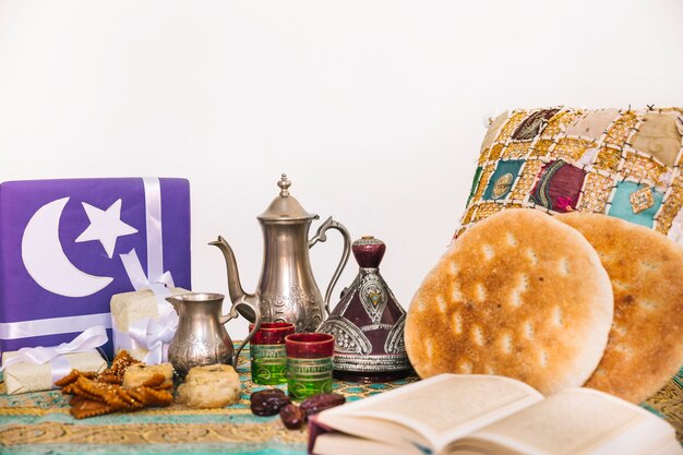 Arabian food composition for ramadan with bread