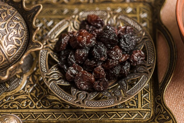 Arabic food concept for ramadan with raisins