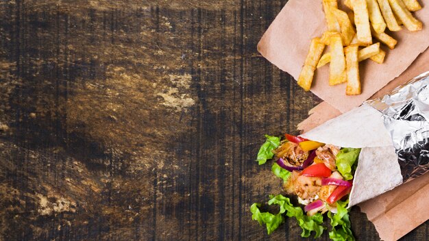 Arabic kebab sandwich and french fries