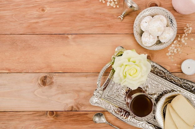 Arabic pastries on wooden background