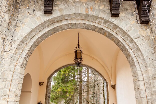 Arch of Pelisor Castle from Sinaia, Romania. Medieval castle