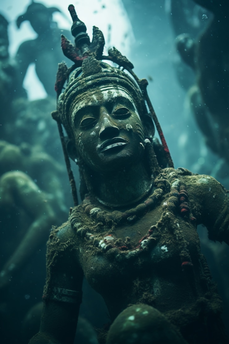Free Photo archeological statue sitting underwater