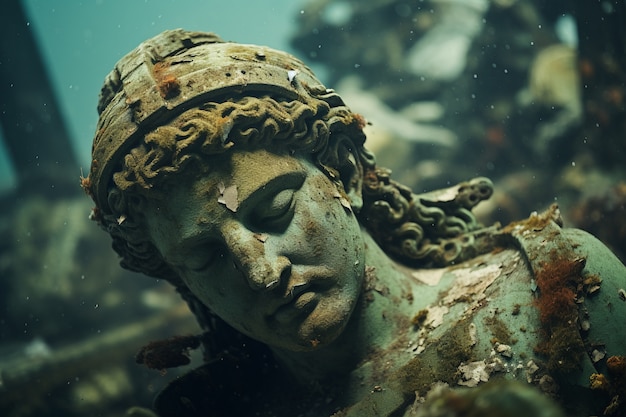 Free photo archeological statue sitting underwater