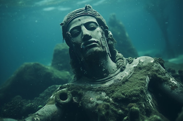 Free photo archeological statue sitting underwater