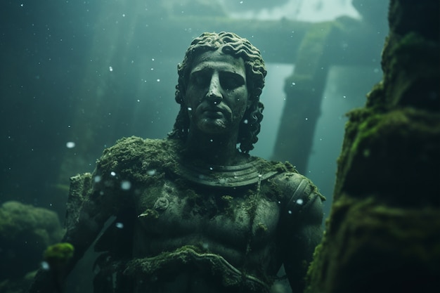 Free photo archeological statue sitting underwater