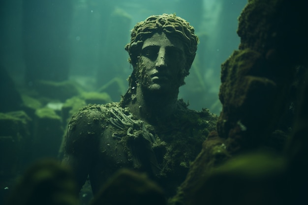 Free photo archeological statue sitting underwater