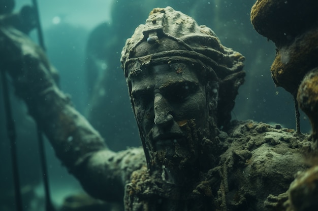 Free photo archeological statue sitting underwater